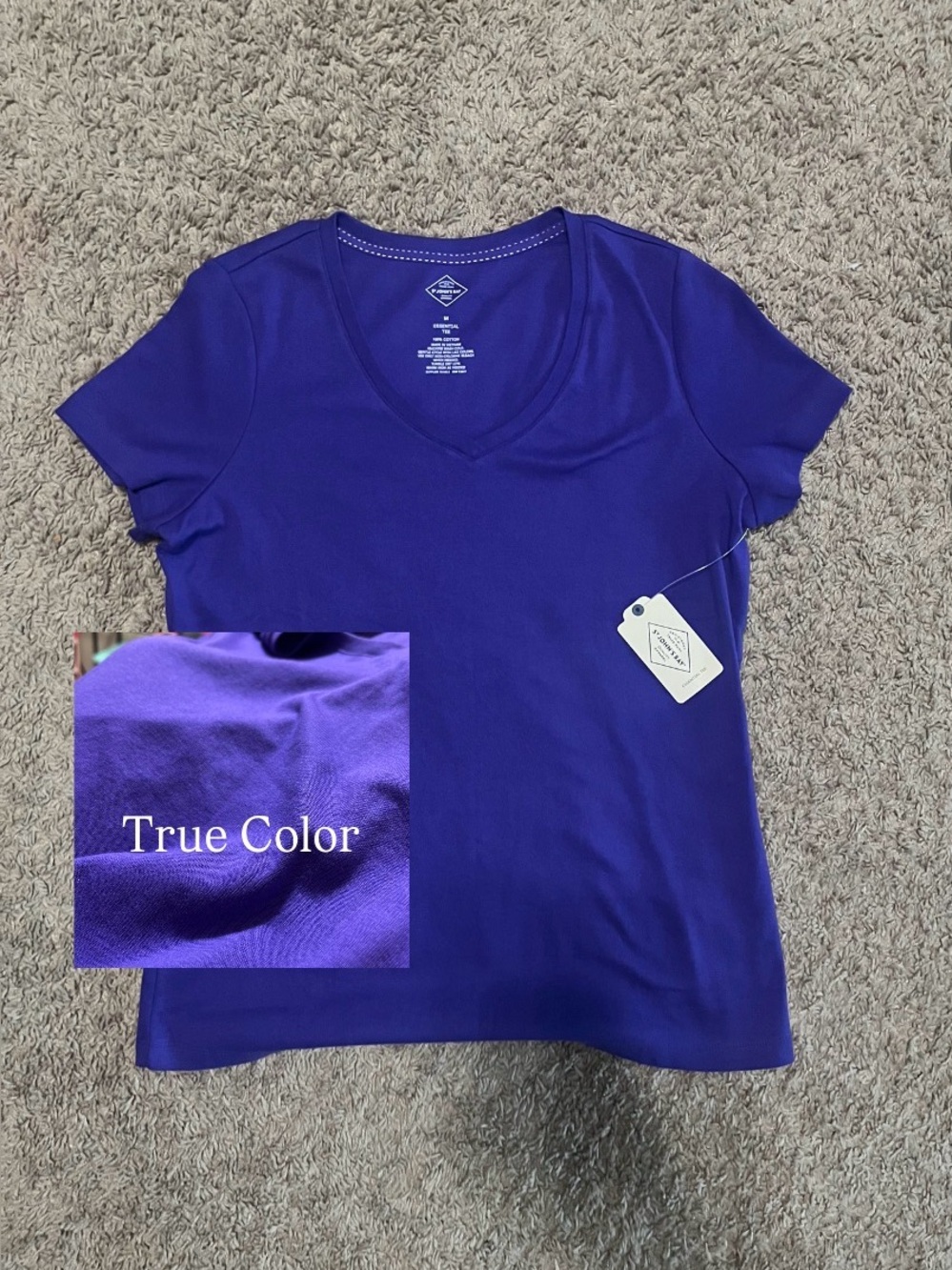 NWT St John's Bay Essential Shirt Short Sleeve V Neck TRUE PURPLE Petite Medium